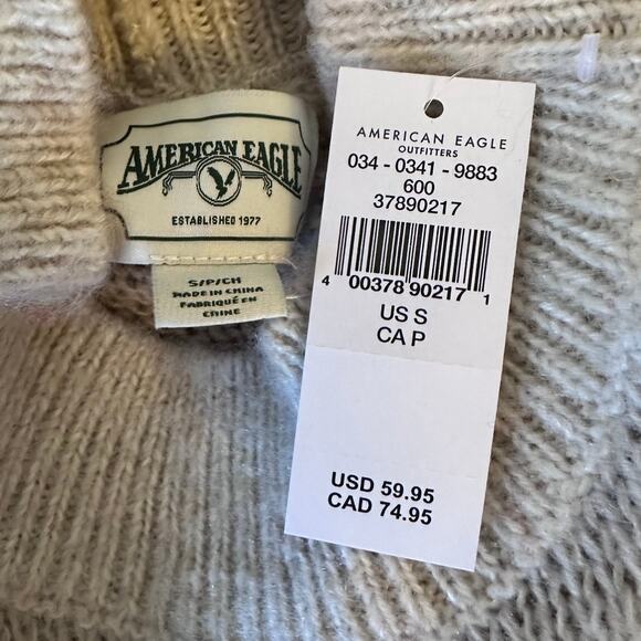 american eagle fuzzy sweater block tan red and blue stripes women small - Picture 6 of 8